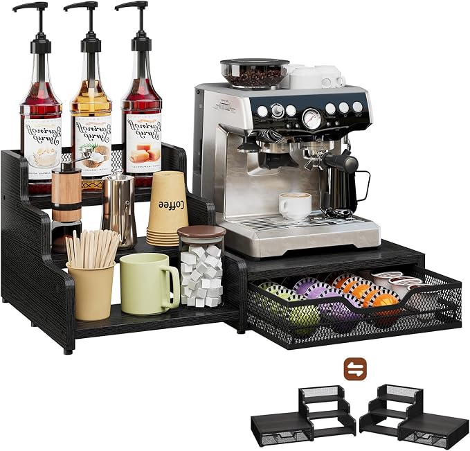 Coffee Station Organizer Compatible with Nespresso Vertuo Pods, Holds 48 Small or 32 Large Pods, 3-Tier Coffee Bar Organizer with K-Cup Holder, Coffee Pod Drawer & Syrup Cups Rack for Accessories