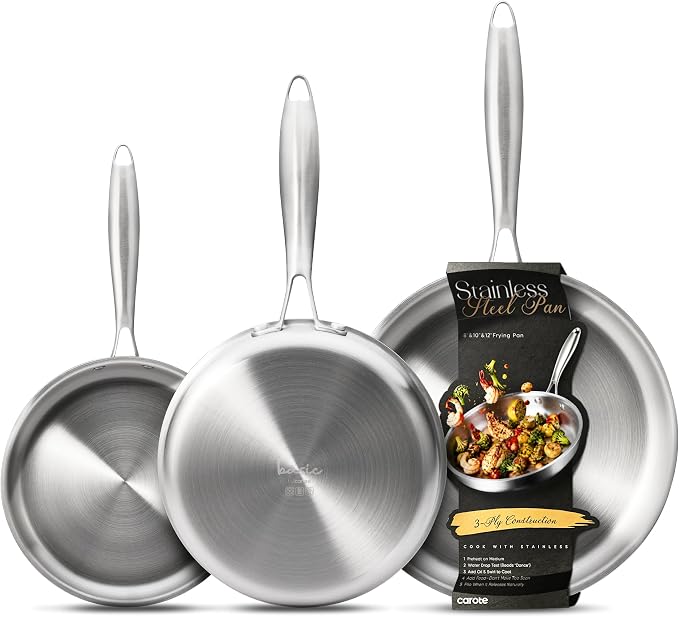 CAROTE 3-Piece Tri-Ply Stainless Steel Frying Pan Set, Skillet Set 8"/10"/12", Induction Compatible, Oven & Dishwasher Safe, Silver Handle