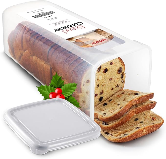 Tafura Bread ContaSilicone-sealed lid helps reduce air exposure to maintain texture and flavor for longer.iner, Airtight BPA-Free Bread Storage Box, White Lid