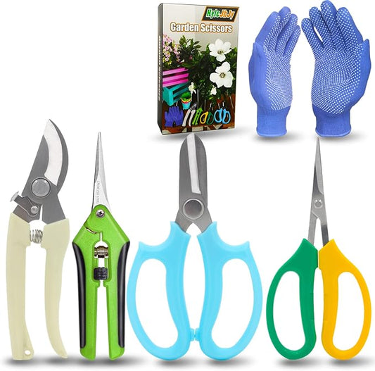 Garden Pruning Shears Garden Scissors Herb Scissors Florist Scissors Floral Snips Bonsai Scissors Hand Pruner with Gardening Gloves,Stainless Steel Straight Tip and Curved Blades,Green+Blue