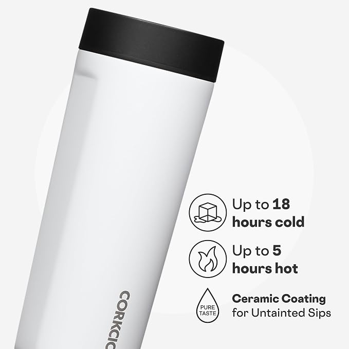 Corkcicle Commuter Cup Travel Mug - Insulated Coffee Mug with Lid - Keeps Drinks Cold 18 Hours - 360° Spill-Proof Sip Lid - Holiday Gift - Great for Gifting Warmth - 17 oz - Gloss White