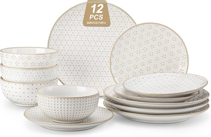 MALACASA 12 Pieces Dinnerware Sets, Farmhouse Plates and Bowls Sets, Embossed White Dish Set for 4, Vintage Relief Ceramic Dish Set, Chip-Resistant, Microwave and Dishwasher Safe, Series LYDIA