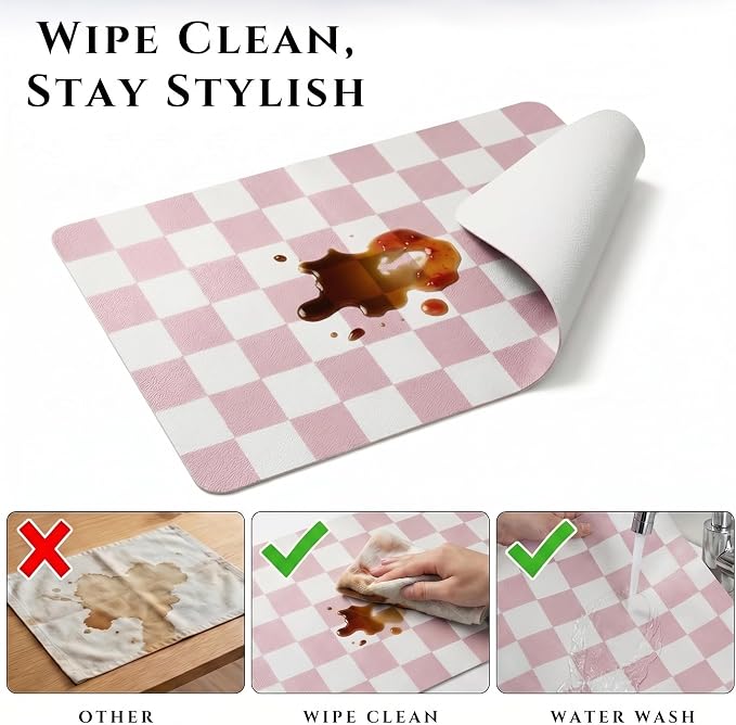 Set of 6 Checkerboard Non-Slip Washable Placemats for Dining Table | Waterproof & Heat-Resistant Faux Leather Mats | Easy Wipe Clean Tablemats for Indoor Dining, 17’’×12’’, Pink