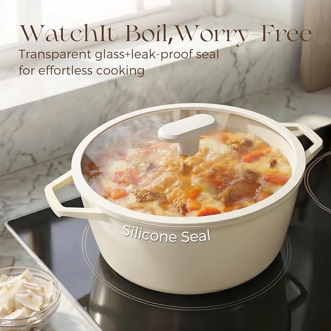 PRICUSIS Ceramic Nonstick Stock Pot with Silicone Rim Glass Lid, 4.5/7 QT Soup Pot Casserole, Cooking Pot, Induction Compatible, Dishwasher & Oven Safe, Ideal for Pasta, Bake & Stews, Coconut White