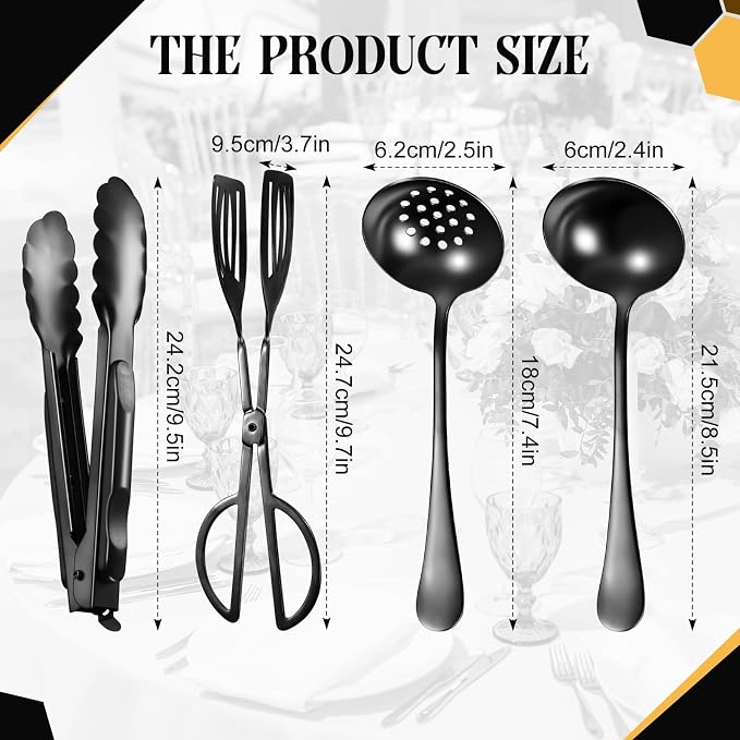 19 Pcs Serving Utensils Set Stainless Steel Tongs,Black | Includes Spatulas Forks Spoons Perforated Skimmers, Parties Buffet Professional Kitchen Tools Home Gatherings Events