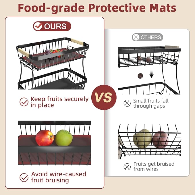 2-Tier Fruit Basket with Banana Hangers, Detachable Metal Bowl | Wooden handle, protective mats included. Versatile holder for bread, snacks, and veggies. 2-Pack 2 tier metal design.
