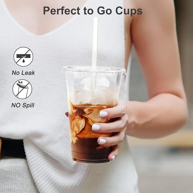 Dealusy 100 Pack - 24 oz Clear Plastic Cups with Lids and Straws | Sturdy & Food Safe Iced Coffee Cups with lids, Disposable Plastic Smoothie Cups for Cold Drinks