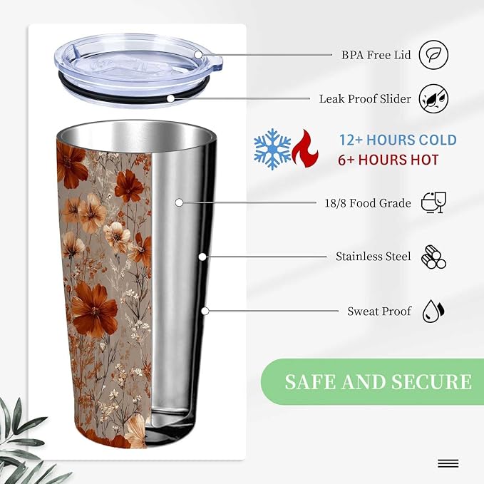 Retro Floral Tumbler 20 oz Stainless Steel Insulated Travel Mug with Lid and Straw, Vintage Flower Coffee Tumbler Cup for Hot Cold Drinks, Botanical Floral Gifts for Women