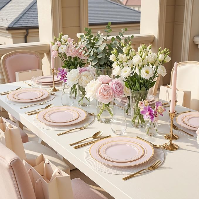 350PCS Pink Disposable Plates - Pink Plastic Plates 50Guests Plastic Dinnerware Sets with Rolled Napkins for Wedding/Birthday/Baby shower