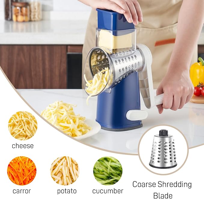Weltonhm 4 in 1 Large Rotary Cheese Grater Hand Crank (Blue, 4 Graters) | Cheese Shredder Rotary and Slicer with 4 Stainless Steel Blades for Vegetables, Veggie and Cheese, Stronger Suction Base