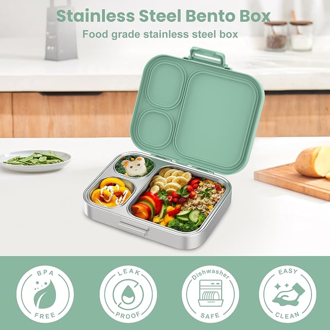 Pawtong Stainless Steel Bento Lunch Box for Kids | 3-Compartment Lunch Box Container Kids | 100% Leakproof, Eco-Friendly, Perfect Portion Control for Kids&Adult Healthy Meals (Green)