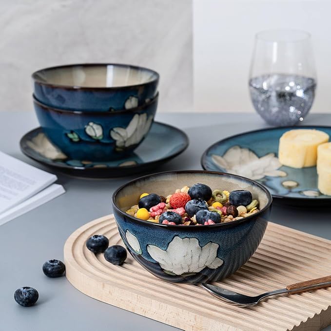 Dinnerware Set Blue Stoneware 12 Pieces Service for 4, Stoneware Plates and Bowls Set Stoneware Set, Dishwasher Microwave Safe Dishes set