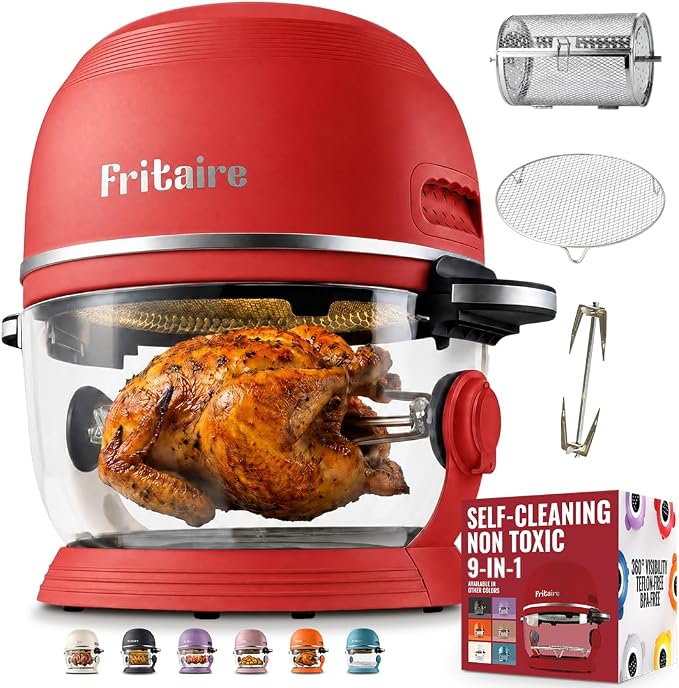 Non Toxic Air Fryer™ Pro | 9-in-1 Glass Air Fryer | Self-Cleaning | 5 Quart | Rotisserie and Tumbler | 400F Vortex For Even Cooking, BPA-Free Teflon Free, Recrisp, Roast, Bake, Cherry