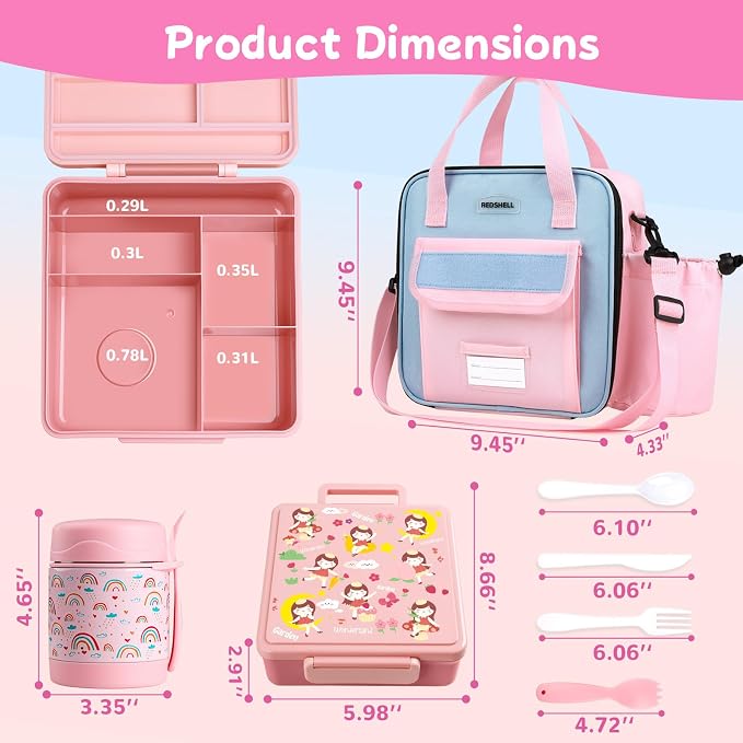 REDSHELL Kids Bento Lunch Box Set, Insulated Lunch Bag for Girls, Pink | Toddler 5-Compartment Lunchbox, Leakproof Food Jar, Snack Container, School Daycare, Bottle Holder, Adjustable Shoulder Strap
