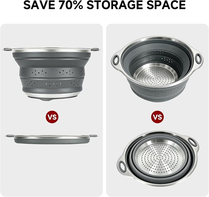 Mejoncb Collapsible Colander – Platinum Silicone Strainer with Stainless Steel Base, BPA-Free & Heat Resistant Kitchen Drain Basket (Gery)