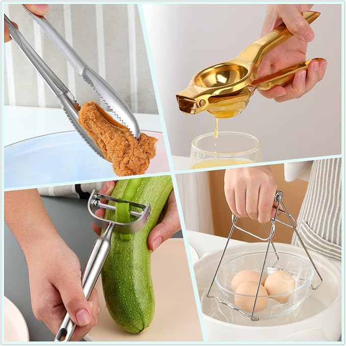 Silver Garlic Press Bottler Wine Opener Measuring Spoons Lemon Squeezer Vegetable Peeler Apple Cutter Kitchen Tongs Hot Plate Gripper Ice Tongs Kitchen Accessories Tools Set, Dish Washer Safe