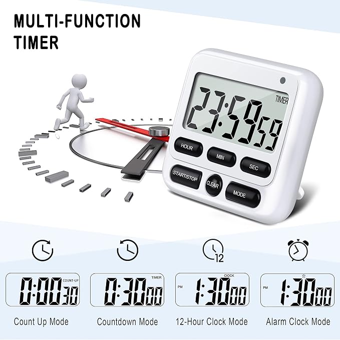 4-in-1 Digital Timer with Count Up/Down, Clock & Alarm, Ring & Silent Modes | Large 2.8-Inch easy-read LCD, On/Off switch, 24-Hour count up/down, Fast-forward function, Magnetic back, stand, hanging hole