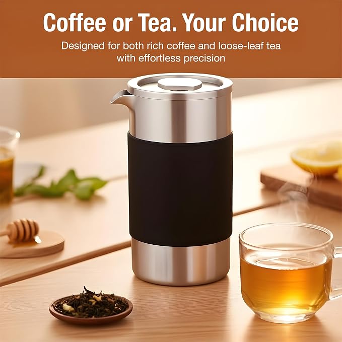 Small French Press Coffee Maker Set - 12 oz | Portable Travel French Press Coffee Maker | Double Wall Insulated with Dual Stainless Filters & 2 Steel Canisters for Grounds, Tea, Creamer & Sugar