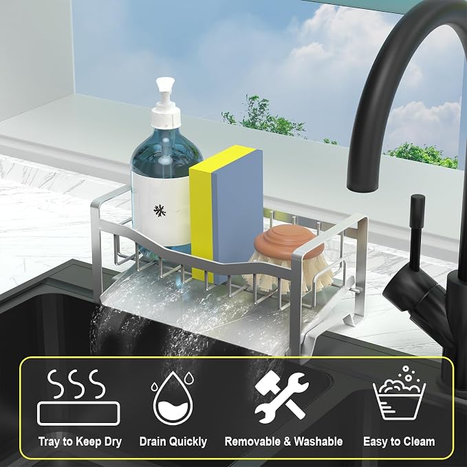 Kitchen Sink Caddy Organizer Sponge Holder for Kitchen Sink with Stainless Steel Auto Drain Tray, Self Drain Dish Soap Sponge Caddy Rack for Countertop Storage Gadgets Silver Grey