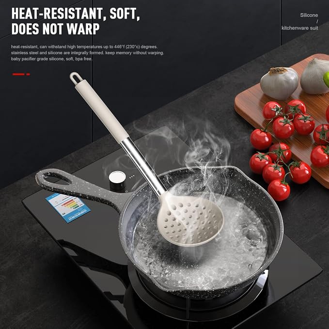 oannao Large Silicone Cooking Utensils Set - Heat Resistant Kitchen Utensils,Turner Tongs,Spatula,Spoon,Brush,Whisk,Stainless Steel Cooking Tool for Nonstick Cookware,Dishwasher Safe (Khaki)