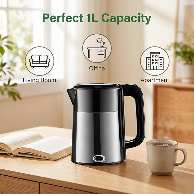 1L Small Travel Electric Kettle 1000W Portable Mini Hot Water Boiler | 304 Stainless Steel,Fast Boiling, Double Wall, Auto Shut-Off,Boil Dry Protection,Cordless 360° Base for Tea and Coffee