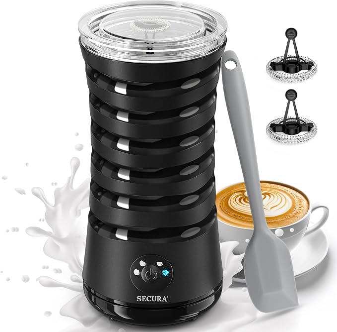 Secura Electric Milk Frother, 4-in-1 Automatic Hot & Cold Foam Maker | Quiet Operation & Easy Cleanup – Create Rich, Smooth Foam for Lattes and Cappuccinos, Includes Silicone Spatula