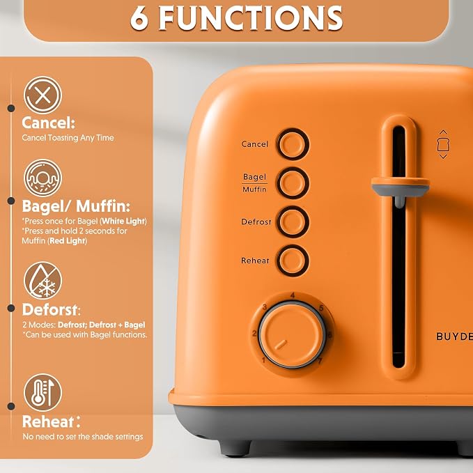 BUYDEEM DT620 2-Slice Toaster, 7 Shade Settings, Extra Wide 1.5'' Slots for Bagel & English Muffin, 6 Toasting Functions, Retro Stainless Steel Toaster with High Lift Lever, Orange