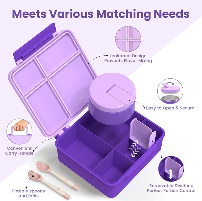 LOHASOK Bento Lunch Box for Kids with 8oz Soup Thermo, Purple | 4-Compartment, Leak-Proof Lunch Containers with Insulated Food Jar and Silicone Foldable Spoon Fork