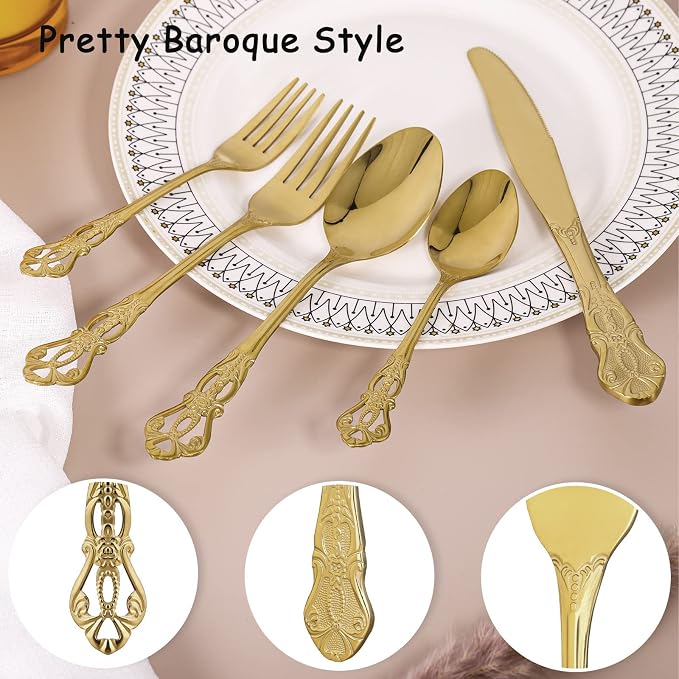 Gold Silverware Set for 12, Stainless Steel Gorgeous Retro Royal Flatware Set, 60-Pieces Cutlery Tableware set, Kitchen utensils set Include Spoons And Forks Set, Mirror Finish, Dishwasher Safe