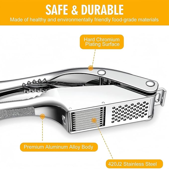 WUJIE Stainless Steel Garlic Press and Slicer - 2-in-1 Crusher and Mincer, Professional Kitchen Tool with Cleaning Brush for Garlic and Ginger, Aluminum Alloy