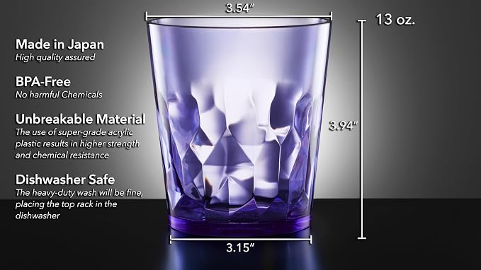 SCANDINOVIA - 13oz Unbreakable Premium Drinking Glasses Set of 6 - Made in Japan - Super Grade Acrylic Plastic - Perfect for Gifts - Dishwasher Safe - Cups Reusable Drinkware Tumblers Kids | Shatter-resistant clear SAN plastic with genuine glass-like c...