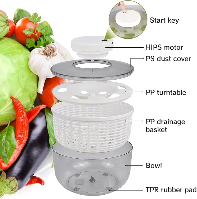Electric Salad Spinner, 6L Vegetable Washer Dryer with 350ml Squeeze Bottle | Large Capacity Automatic Vegetable Washer Drainer Strainer for Fruit Drying, USB Lettuce Spinner Cleaner for Home Kitchen