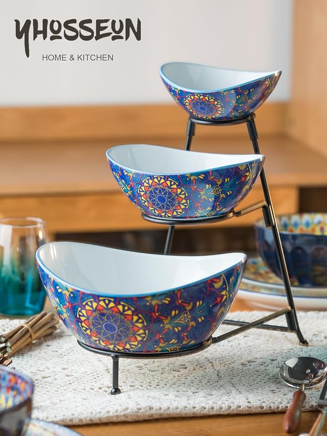 YHOSSEUN 3 Tier Serving Bowls, Tiered Serving Platter and Trays for Parties | Serving Dishes for Entertaining, Oval Tiered Serving Bowl Set with Metal Serving Stand, Appetizer Serving Tray