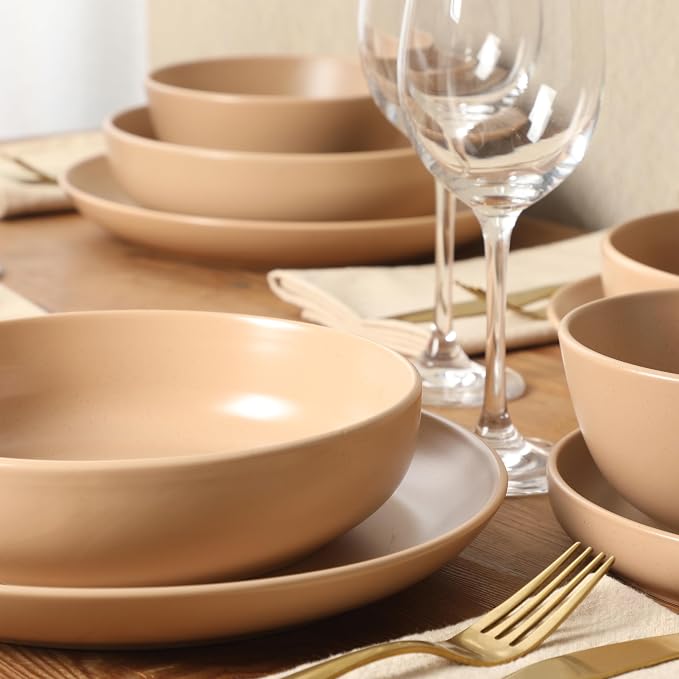 Gibson Elite Leeds Court Plates and Bowls Sets, 16-Piece Stoneware Dinnerware Sets, Terracotta, Round Speckle Reactive Glaze Dish Set