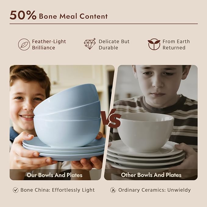 24-Piece Bone China Dinnerware Set for 8, Misty Blue | Lightweight Porcelain | Round Plates & Bowls | Scratch Resistant | Durable Ceramic | Microwave & Dishwasher Safe
