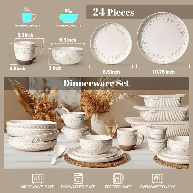 Plates And Bowls Sets, 24 Pieces Dinnerware Sets, Dish Set For 6, Ceramic Kitchen Bowl And Plate Set, Embossed White Dishware Sets, Dishwasher & Microwave Safe (Damask Floral) (With Mugs)