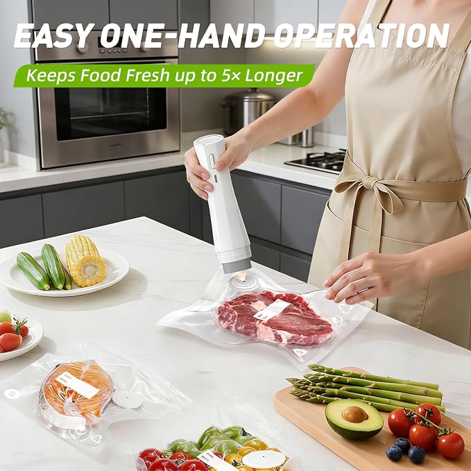 Handheld Vacuum Sealer for Food Storage: Portable Vacuum Sealing Machine with 30 Vacuum Bags - USB Rechargeable Cordless Food Sealer Saver for 5X Preservation