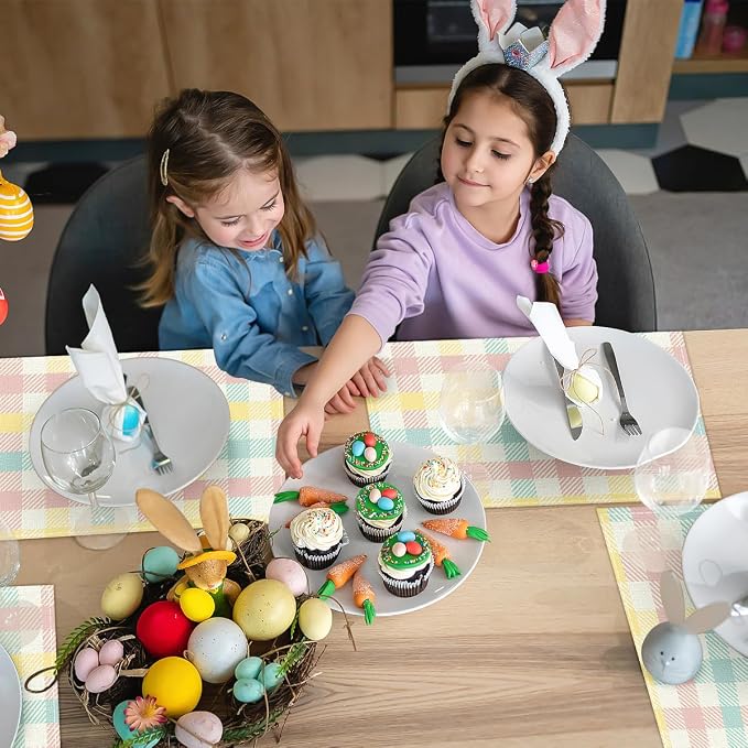 Buffalo Plaid Blue Pink Yellow Spring Easter Placemats Set of 6, 12x18 Inch Table Mats Easter Decor for Holiday Party Kitchen Dining Room Decoration