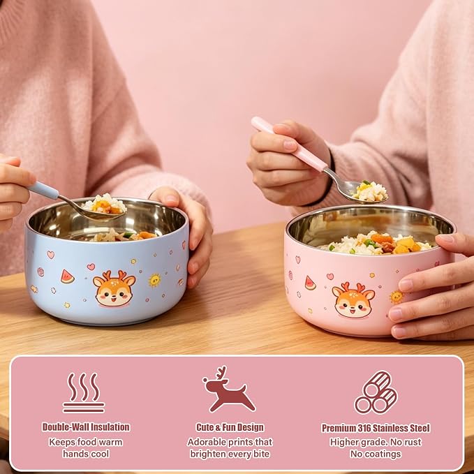 316 Stainless Steel Bowls for Kids 5 Inch - 33oz Toddler Bowls 2-Pack with Cute Animal Print, Non Toxic Dishwasher Safe Baby Bowls for Soup Dessert, BPA Free Unbreakable, Birthday Gift - Pink & Blue