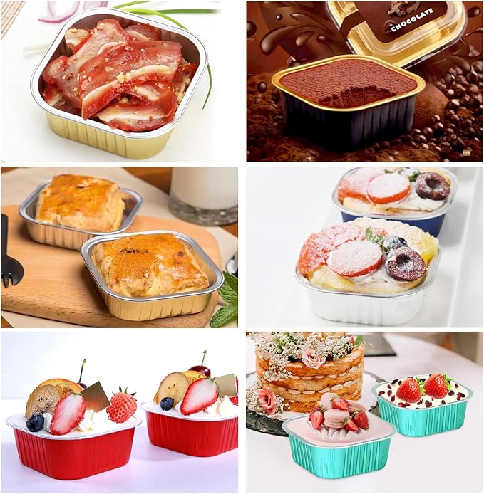 LNYZQUS 5oz Mini Cake Pans with Lids and Spoons, Disposable Brownie Tins | 40 Pack, Aluminum Foil, Square Cupcake Baking Cups, Individual Dessert Containers for Kids Party, Gold