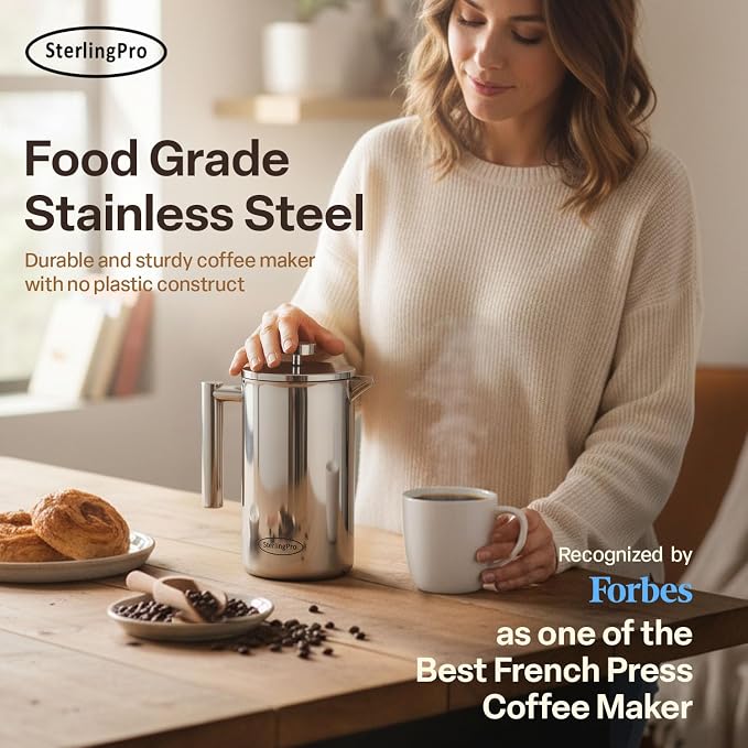 SterlingPro Small Insulated Stainless Steel French Press Coffee Maker 34oz – Insulated Metal Double Wall Coffee Maker | Plastic Free | Cool-Touch | Mirror Finish | Makes up to 8 Cups / 4 Mugs