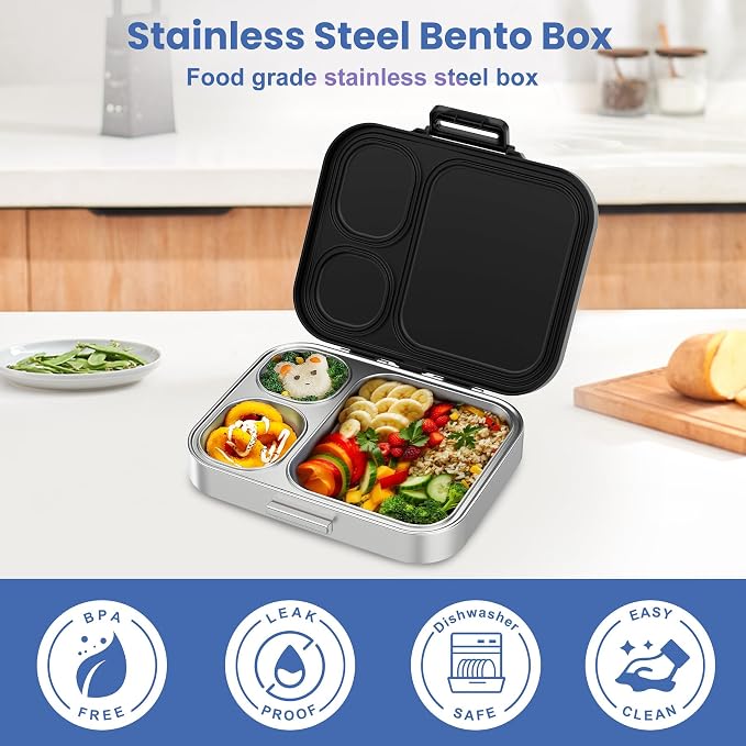 Pawtong Stainless Steel Bento Lunch Box for Kids | 3-Compartment Lunch Box Container Kids | 100% Leakproof, Eco-Friendly, Perfect Portion Control for Kids&Adult Healthy Meals (Black)