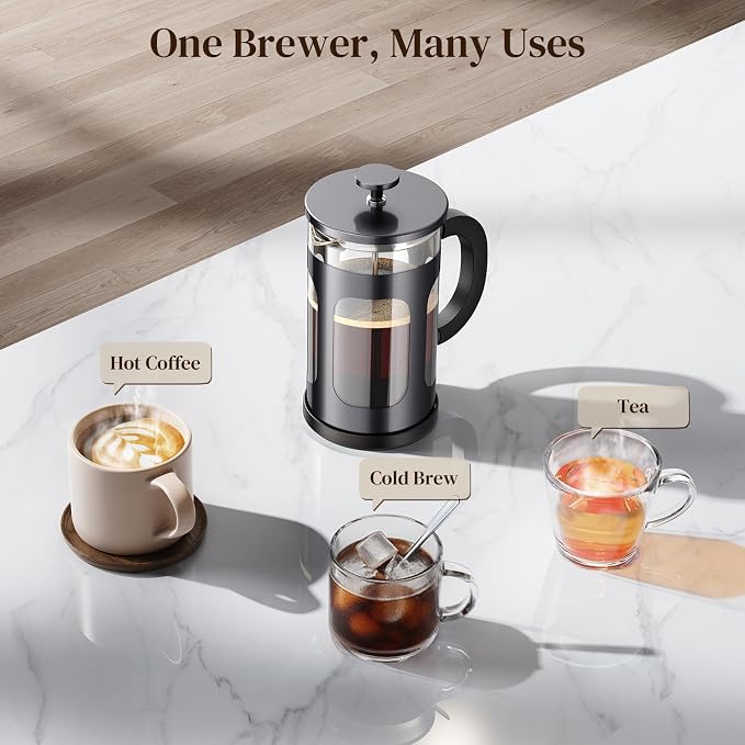 Veken French Press Coffee Maker,No Plastic Touches Cafe,21oz 0.6L Small Pot | Heat Resistant Thickened Borosilicate Glass Stainless Steel Brewer, Single Serve,Kitchen,Travel,Camping,Tea,Gifts,Dark Pewter