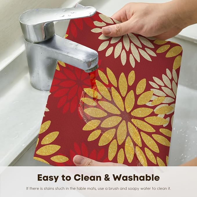 Artoid Mode Floral Vinyl Placemats Set of 6, 12x18 Inch New Year Washable Non-Slip Plastic Vinyl Place Mats for Party Kitchen Dining Decor, Red