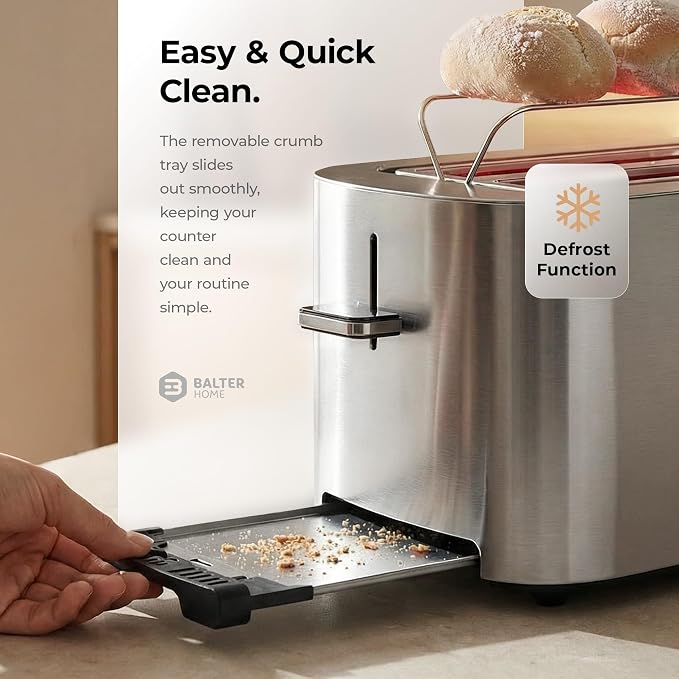 Balter Toaster 2 Slice, Bagel Function, Stainless Steel, Touch Screen, Built-in Rack, Extra-Wide 1.5" Slots for Thick Breads & Bagel, Timer, BPA-Free, Removable Tray