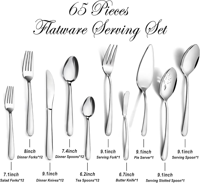 Pleafind 65-Piece Silverware Set with Serving Utensils - Mirror Polished Stainless Steel Flatware Set for 12, Elegant Dining Cutlery Set with Steak Knives, Round Edge Utensils for Home, Wedding Party