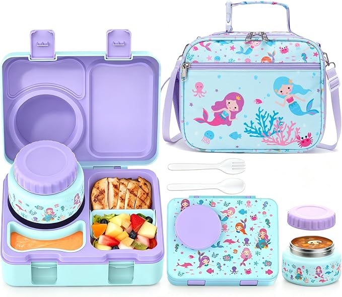 Bento Box for Kids, Leakproof Kids Lunch Box with 8.5OZ Thermo Food Jar & Lunch Bag, 3-4 Compartments Toddler Insulated Lunch Box for Girls, BPA Free Lunch Containers for School Daycare