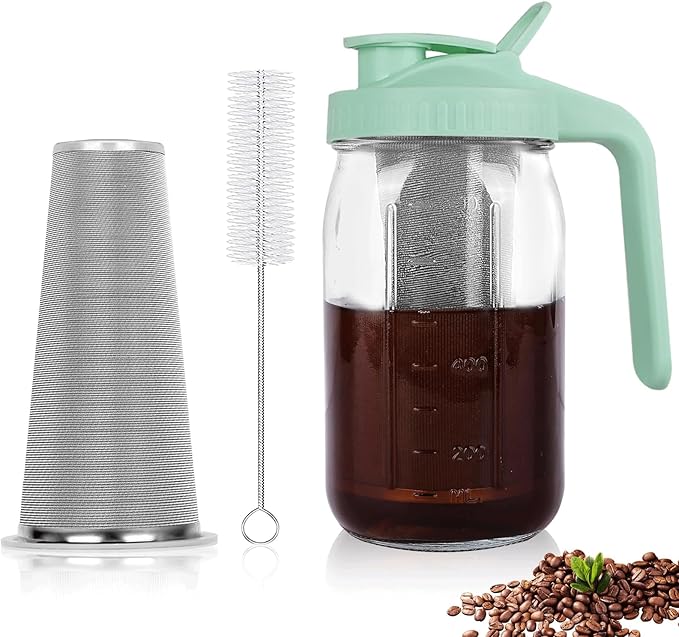 Cold Brew Coffee Maker, 32 oz Mason Jar Pitcher with Stainless Steel Filter, Pour Spout Handle Lid, Heavy Duty Glass Airtight & Leak-Proof for Iced Coffee,Tea & Lemonade