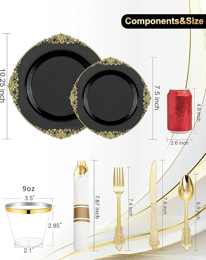 Nervure 175Pcs Black Plastic Plates, Disposable Party Plates for 25 Guests | 25 7.5" Dessert & 25 10.25" Dinner Plastic Plates, 75 Gold Cutlery, 25 9oz Cups, 25 Napkin for Wedding, Party & Retirement