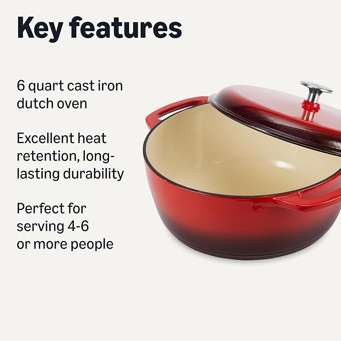 Amazon Basics Enameled Cast Iron Dutch Oven Pot with Lid, Round, Dual Handles, Heavy-Duty, Oven Safe for Stews, Roasting, Baking, 6-Quart, Red